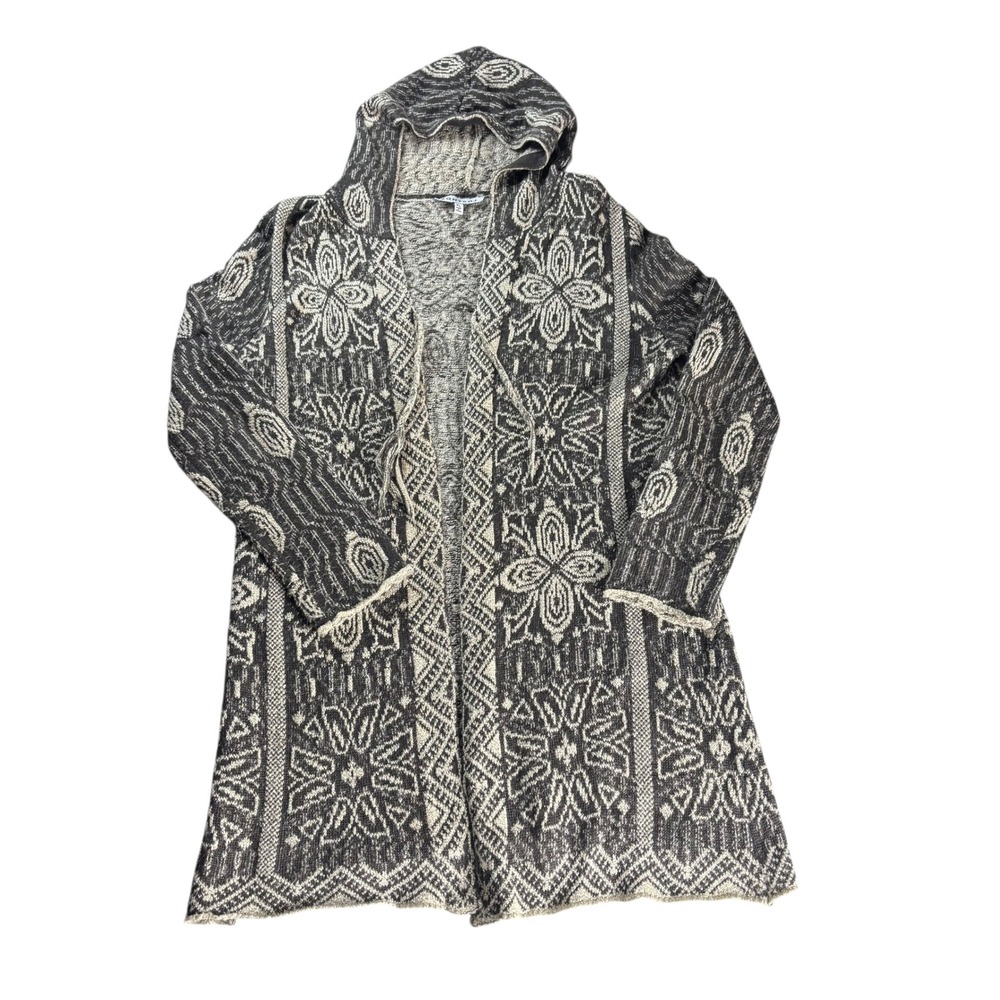 Kontrol Hooded Cardigan Sweater Womens XL Black Gray Boho‎ Geometric Knit Long